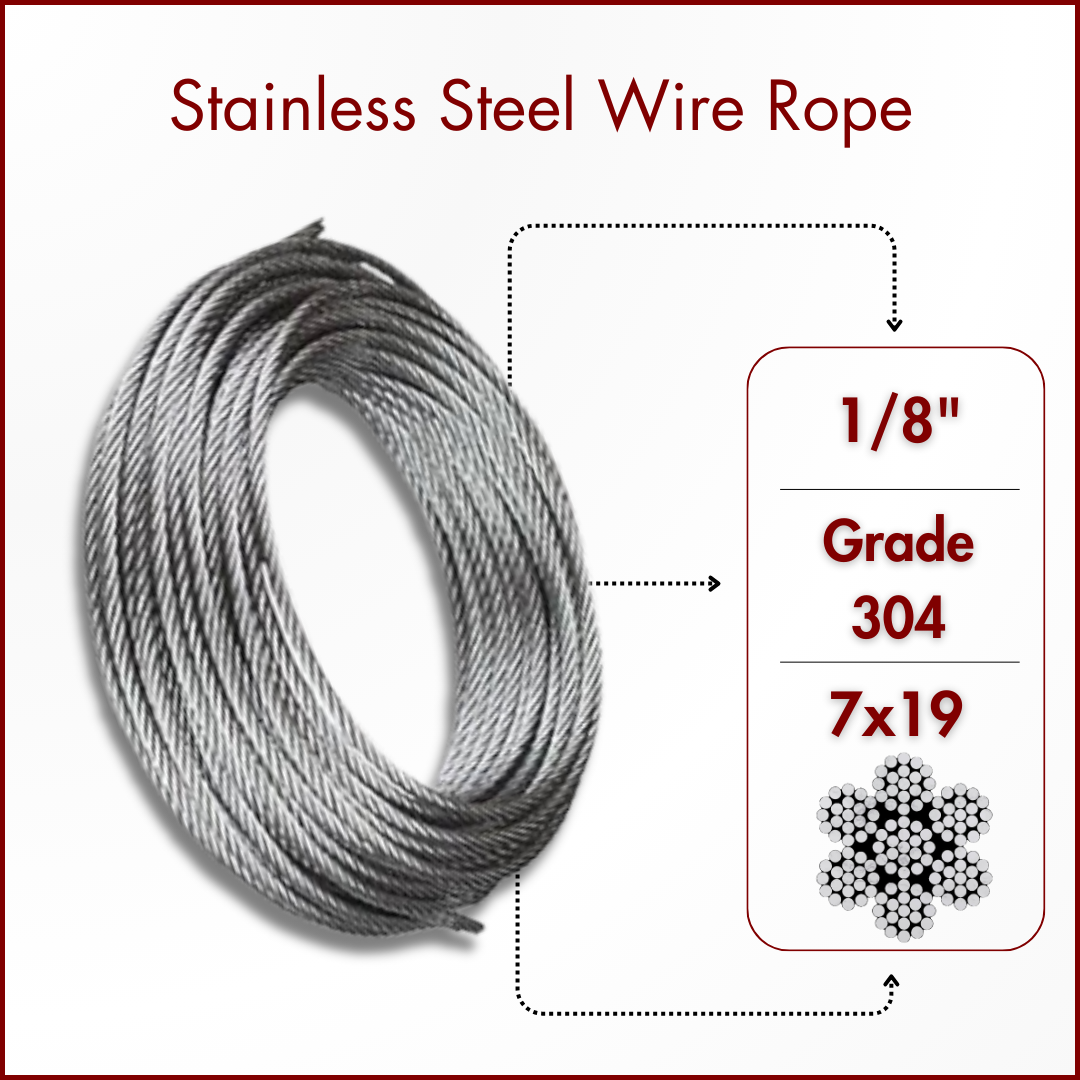 1/8 Inch 7x19 Stainless Steel Aircraft Cable - 500 Foot Reel, T304 Grade, 1760lb Break Strength