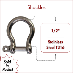 1/2" Type 316 Stainless Steel Screw Pin Bow Shackle, (12mm) WLL 3,400 Lbs