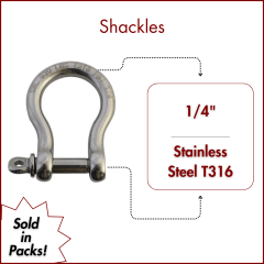 1/4" Type 316 Stainless Steel Screw Pin Bow Shackle, (6mm) WLL 930 Lbs