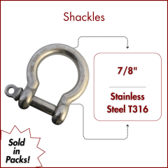 7/8" Type 316 Stainless Steel Screw Pin Bow Shackle, (22mm) WLL 8,000 Lbs