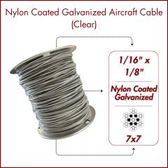 1/16" to 1/8" Nylon-6 Coated Clear Galvanized Cable 7x7 Strand Wire Rope