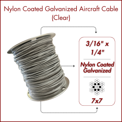 3/16" to 1/4" Nylon-6 Coated Clear Galvanized Cable 7x7 Strand Wire Rope