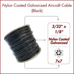 3/32" to 1/8" Nylon-6 Coated Black Opaque Color Galvanized Cable 7x7 Strand Wire Rope