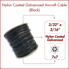 3/32" to 3/16" Nylon-6 Coated Black Opaque Color Galvanized Cable 7x7 Strand Wire Rope