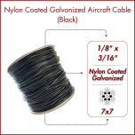 1/8" to 3/16" Nylon-6 Coated Black Opaque Color Galvanized Cable - 7x7 Strand Wire Rope