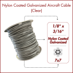 1/8" to 3/16" Nylon-6 Coated Clear Galvanized Cable 7x7 Strand Wire Rope