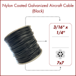 3/16" to 1/4" Nylon-6 Coated Black Opaque Color Galvanized Cable 7x7 Strand Wire Rope