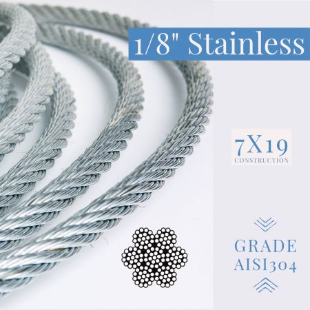 1/8 Stainless Steel Aircraft Wire Rope, Grade 304, Type 7x19